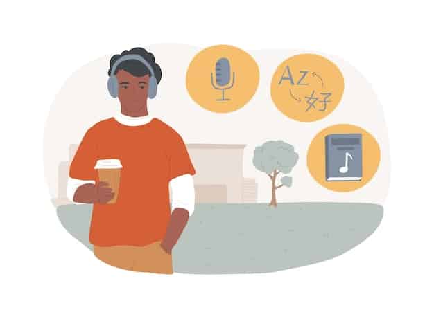 An illustration of an auditory learner studying by listening to a podcast or lecture on headphones, surrounded by speech bubbles containing key points. A recorder and microphone are also visible, emphasizing the importance of recording and replaying information.
