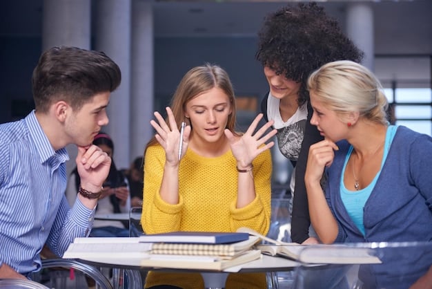 A frustrated student sitting at a table with other students, looking confused while others seem engaged in a discussion, highlighting a potential learning style conflict during a group meeting.
