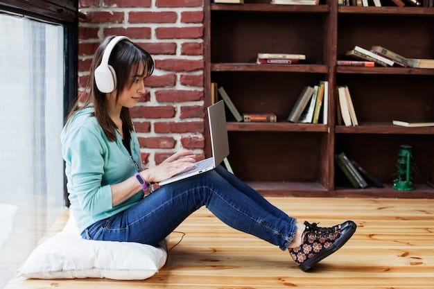 A person wearing headphones, sitting in a quiet corner of a library, listening to a recorded lecture on a tablet while simultaneously reviewing their handwritten notes. The scene emphasizes focused listening and active engagement with the material.