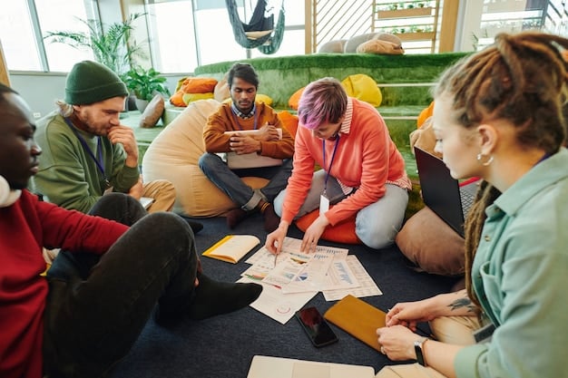 A diverse group of US students collaborating on a project, referencing spaced repetition flashcards, and engaging in active discussion. The image depicts collaborative learning and memory recall.