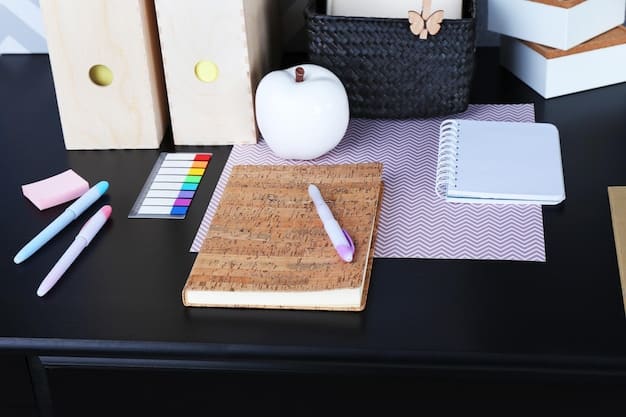 A person journaling reflections on their study habits with colorful pens in a well-lit, organized workspace.