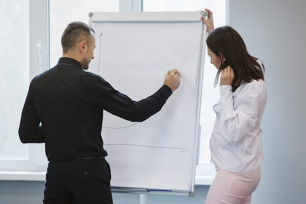 A person standing in front of a whiteboard, confidently explaining a complex diagram to an attentive audience in a bright, modern office setting.