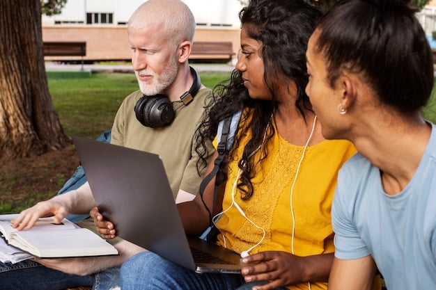 An eye-level shot of a group of students, diverse in ethnicity and age, taking notes and actively listening during a dynamic discussion in a study group setting, with notebooks and tablets visible.