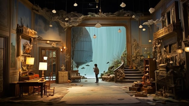 A sketch of a mind palace with different rooms in it. A person is walking and placing different objects, like books, keys, computers, etc, in each room to make it easier to remember where they are.