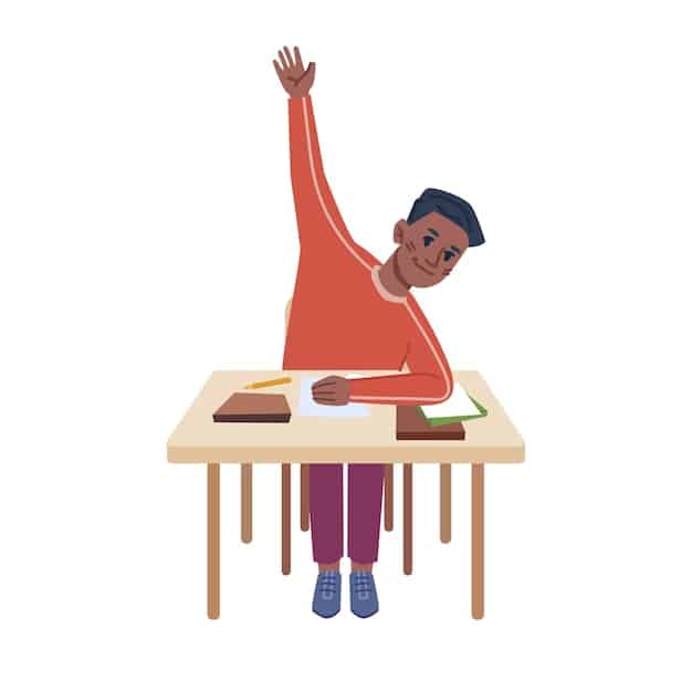 A student standing up from their desk and stretching with their arms reaching towards the ceiling, showing physical movement during a break. Focus on the positive impact of physical activity during a break.