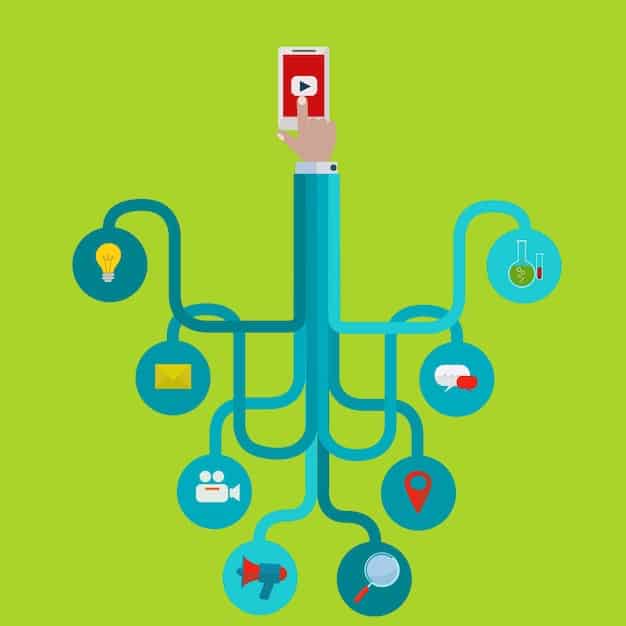 An illustrated mind map showing different locations connected by paths, with images representing items to remember at each location, illustrating the method of loci technique.