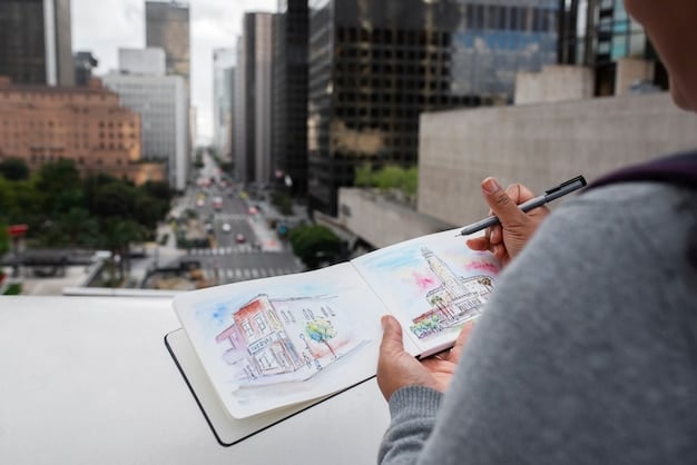 A close-up of an artist's hand sketching a complex cityscape with vibrant colors on a digital tablet, with architectural blueprints subtly visible in the background.