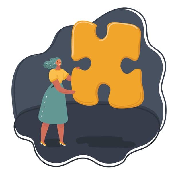 An illustration showing a person trying to fit oddly shaped puzzle pieces together, symbolizing the struggle of making connections between unrelated pieces of information. Next to this, a person easily connecting well-fitting puzzle pieces, representing successful chunking.