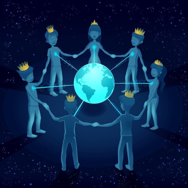 A digital illustration showing diverse people from around the world connected by lines forming a network, all interacting with a central laptop displaying an online learning platform. This visually represents the global networking opportunities of online learning.