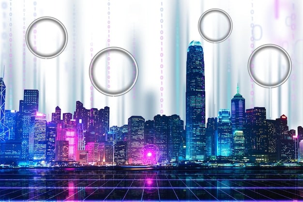 A graphic displaying a futuristic city skyline with holographic icons representing various in-demand skills such as AI, data analysis, cybersecurity, and digital marketing. This emphasizes the future-oriented skill development offered by online learning.