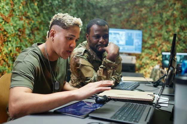 A diverse group of veterans participating in a virtual classroom setting on their laptops, showcasing the collaborative and interactive nature of online learning. The image captures the essence of community and shared learning experiences in a digital environment.