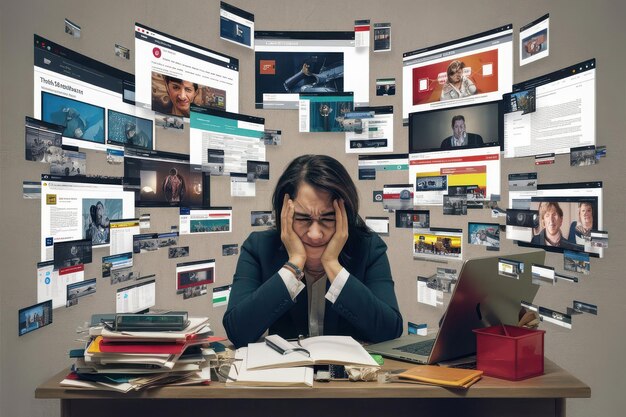 A person looking overwhelmed and stressed, surrounded by multiple screens displaying different online course materials and messages.