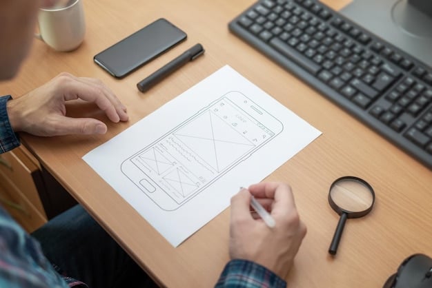 A designer working on a wireframe for a mobile app on their computer, with sketches and design tools visible on the desk.