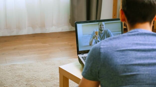 A person using a laptop in a comfortable home environment, participating in an interactive online course with animated graphics and a virtual instructor visible on the screen.