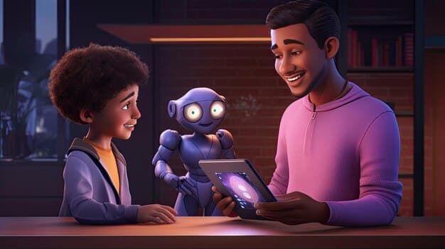 An AI tutor interacting with a student through a virtual interface, providing personalized explanations, answering questions, and offering encouragement in a supportive learning environment.