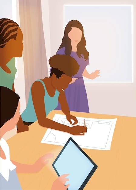 A diverse group of students actively participating in a classroom, with some drawing diagrams, others discussing, and one listening intently with headphones, symbolizing various learning styles in harmony.