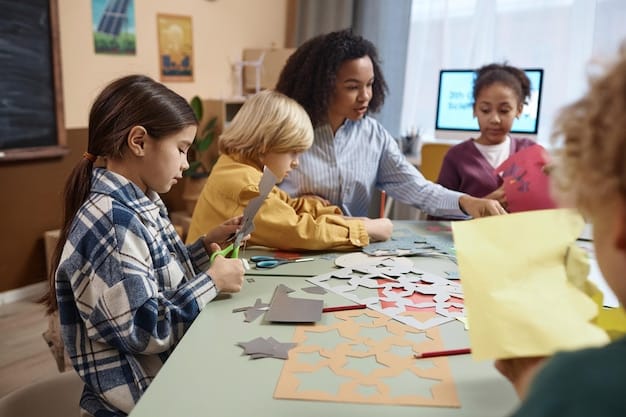 A teacher interacting with a small group of students, demonstrating an activity that involves both visual aids and hands-on elements. The classroom should appear modern and flexible.