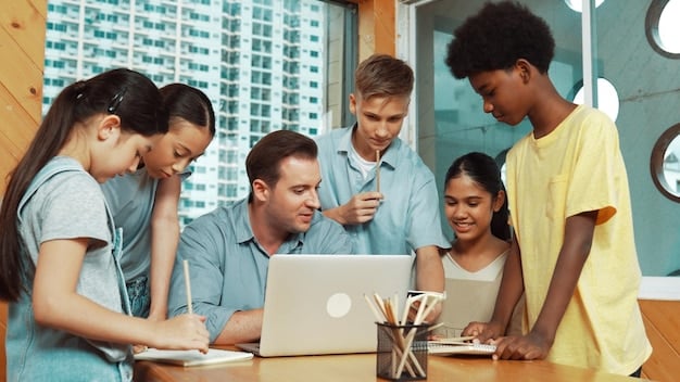 A diverse group of US college students actively collaborating on a group project in a university common area, using laptops and whiteboards, embodying teamwork and diverse study methods.