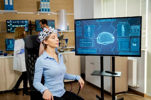 A brain scan visualizing heightened activity in memory-related regions during a neurofeedback session, with a person wearing a sleek, futuristic brain-sensing headband.