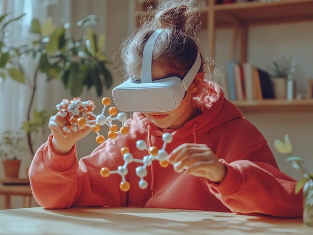 A student using a VR headset, interacting with a complex 3D model of a biological cell, recalling detailed structures and functions in a simulated environment.