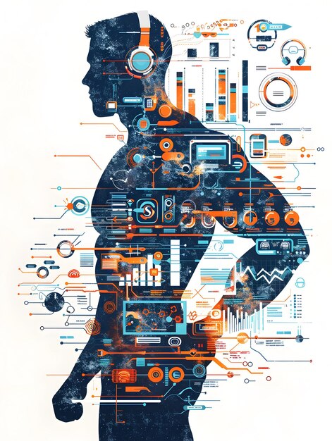 A digital human-like figure with various skill icons (coding, communication, data analysis) highlighted around its head, representing an AI assessing individual skills and identifying gaps on a networked online learning platform.