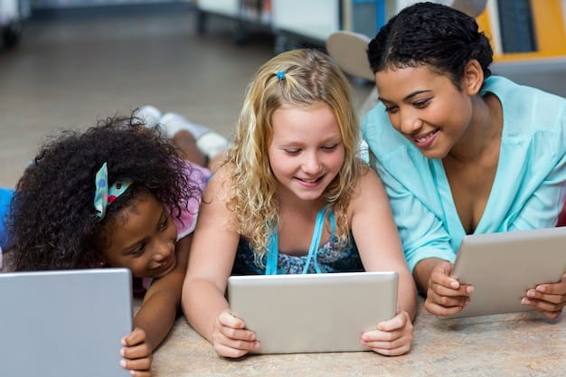 A diverse group of students interact with virtual AI tutors on their laptops and tablets in a modern, collaborative online learning environment. The image should convey accessibility and advanced technology.